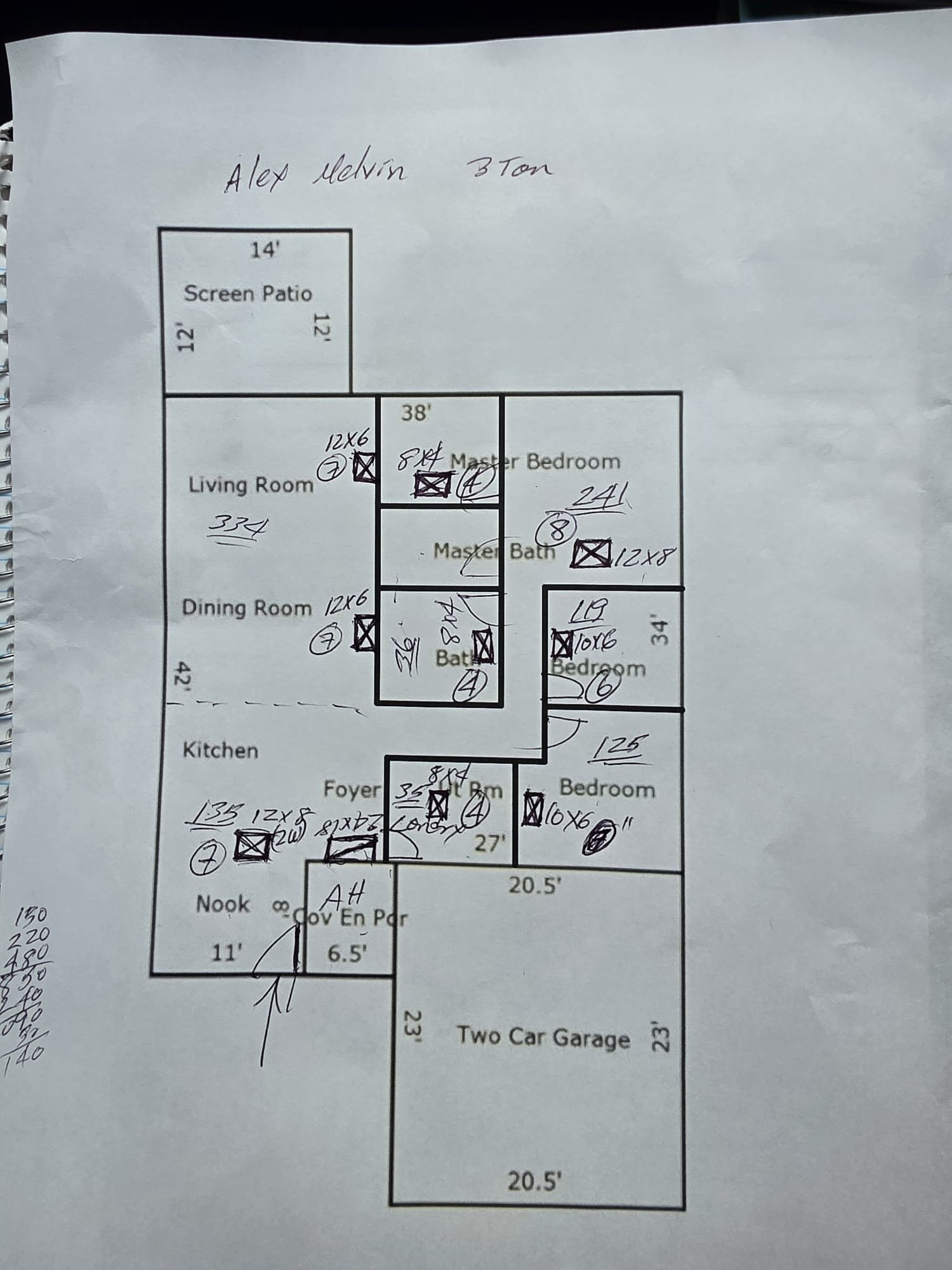 Detailed hand-drawn floor plan with ductwork layout and measurements in Tampa, FL 33624.