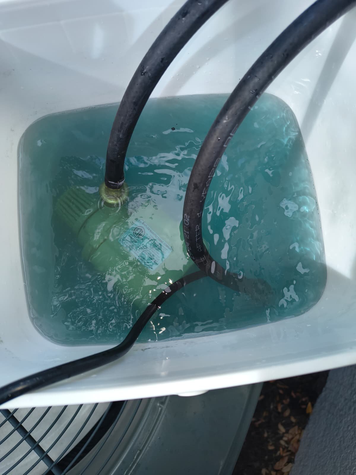 Submersible pump in blue cleaning solution for water heater flush in Lithia, FL 33547.
