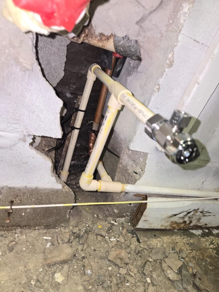 Plastic supply pipes and a shutoff valve exposed in an opened block wall in Tampa, FL 33624.