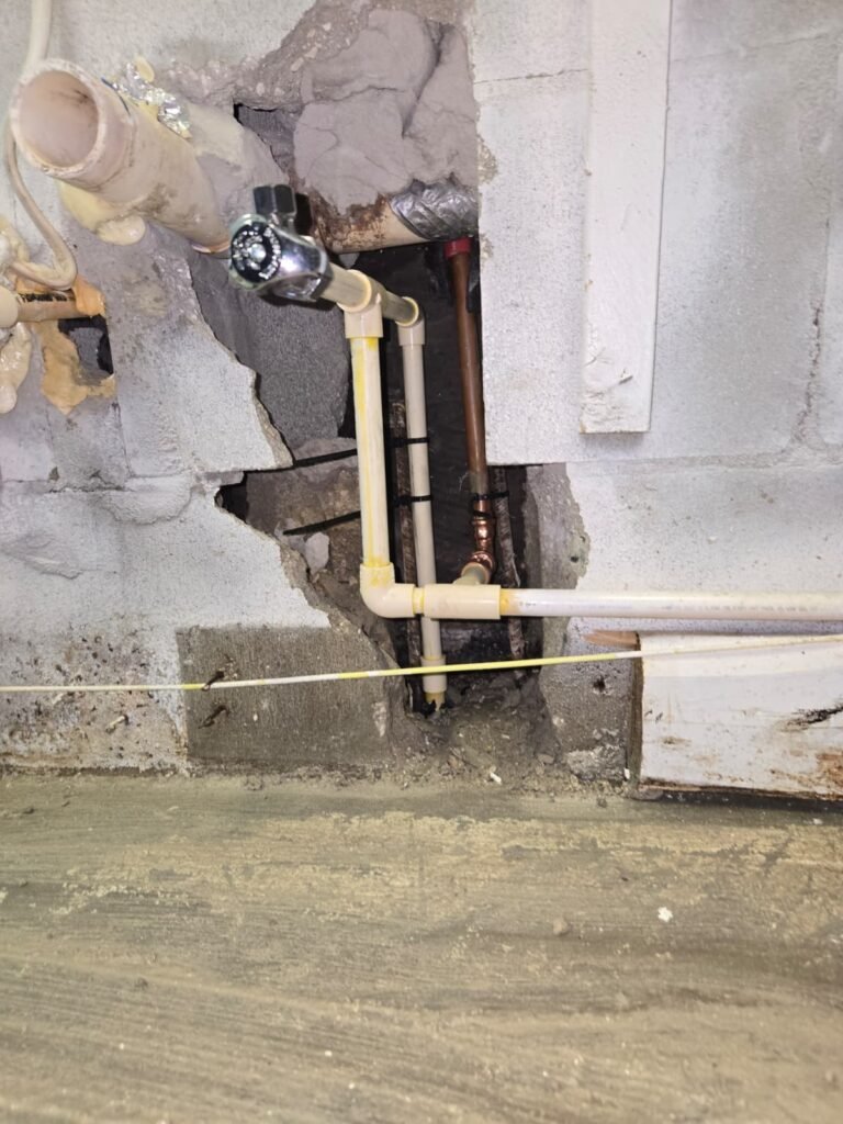 CPVC supply pipes and a copper line exposed through an opened block wall in Tampa, FL 33624.