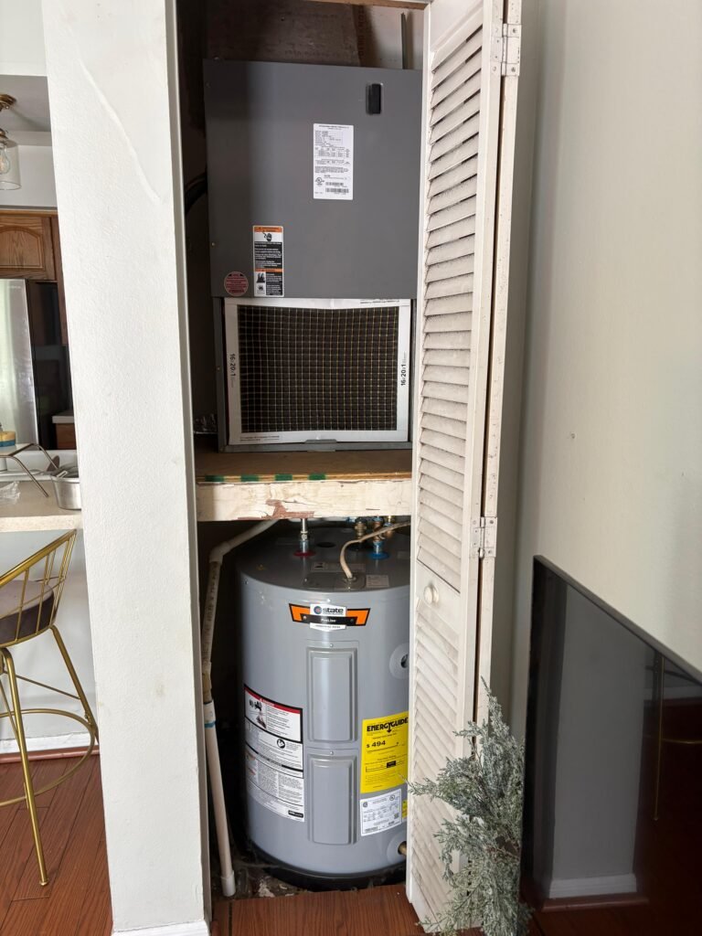 HVAC system and water heater installed in closet, capacitor replacement, Tampa, FL 33624.