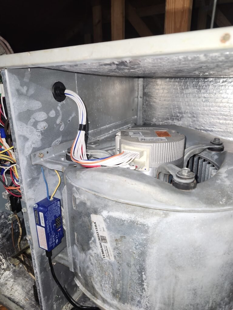 Installed blower motor with wiring inside HVAC unit in Tampa, FL 33624.