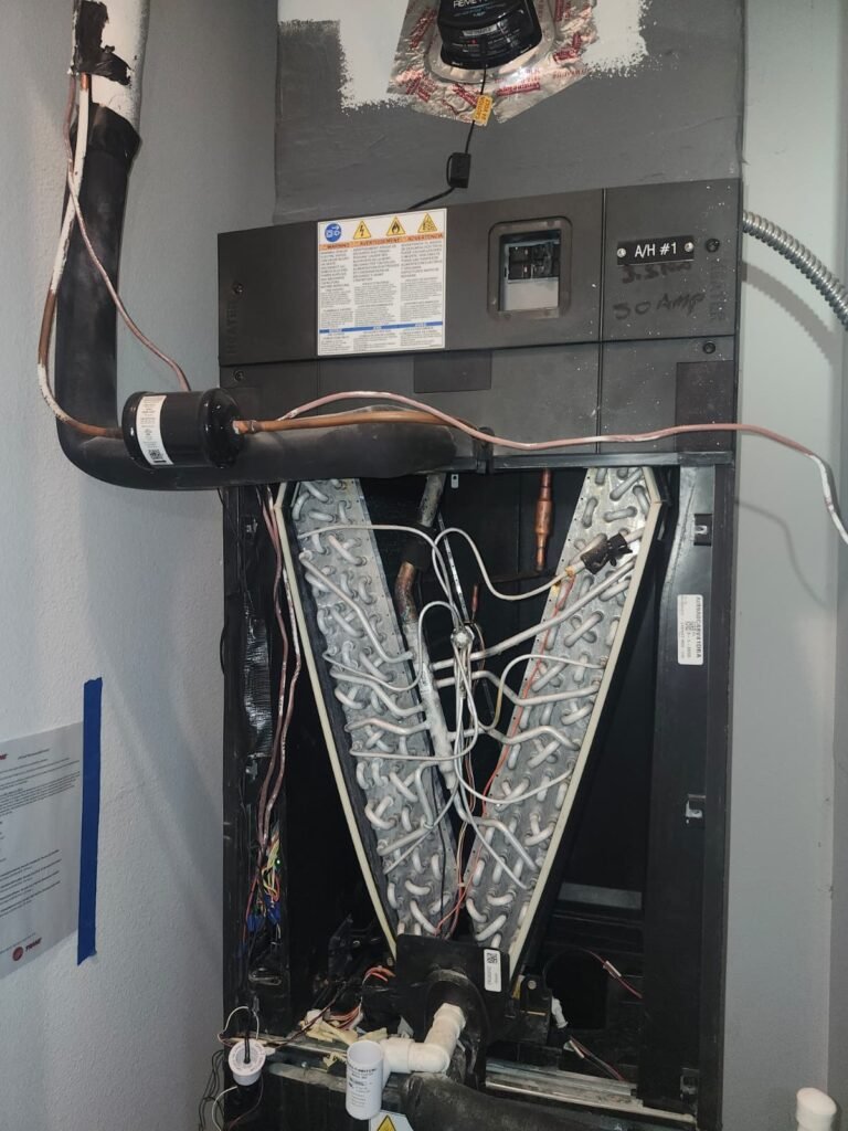 Open HVAC unit showing components in Wesley Chapel, FL 32317.