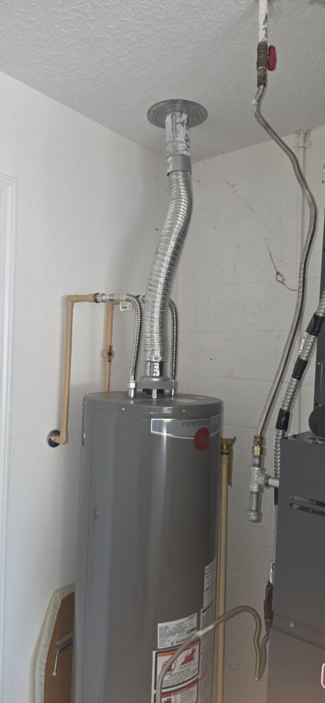 Water heater with venting and piping connections in Riverview, FL 11433.