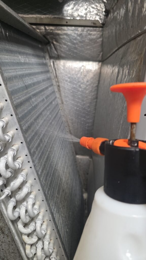 Cleaning AC evaporator coils during maintenance in Tampa, FL 33626.