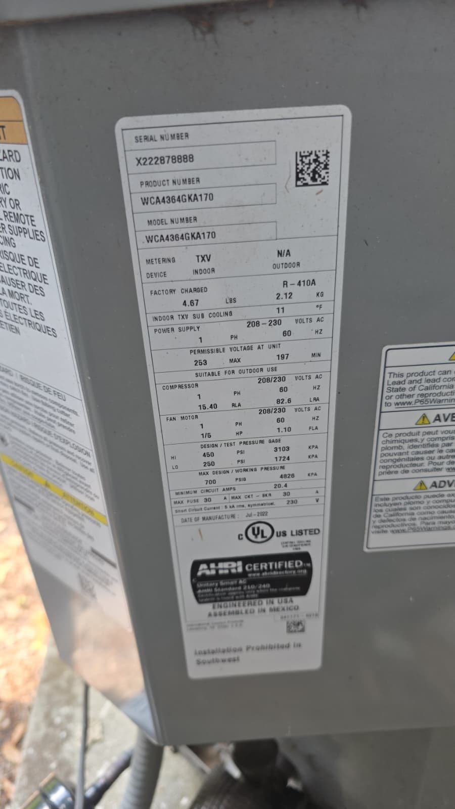 AC Unit Specification Label - Lutz, FL 33558 Close-up of AC unit specification label in Lutz, FL 33558.