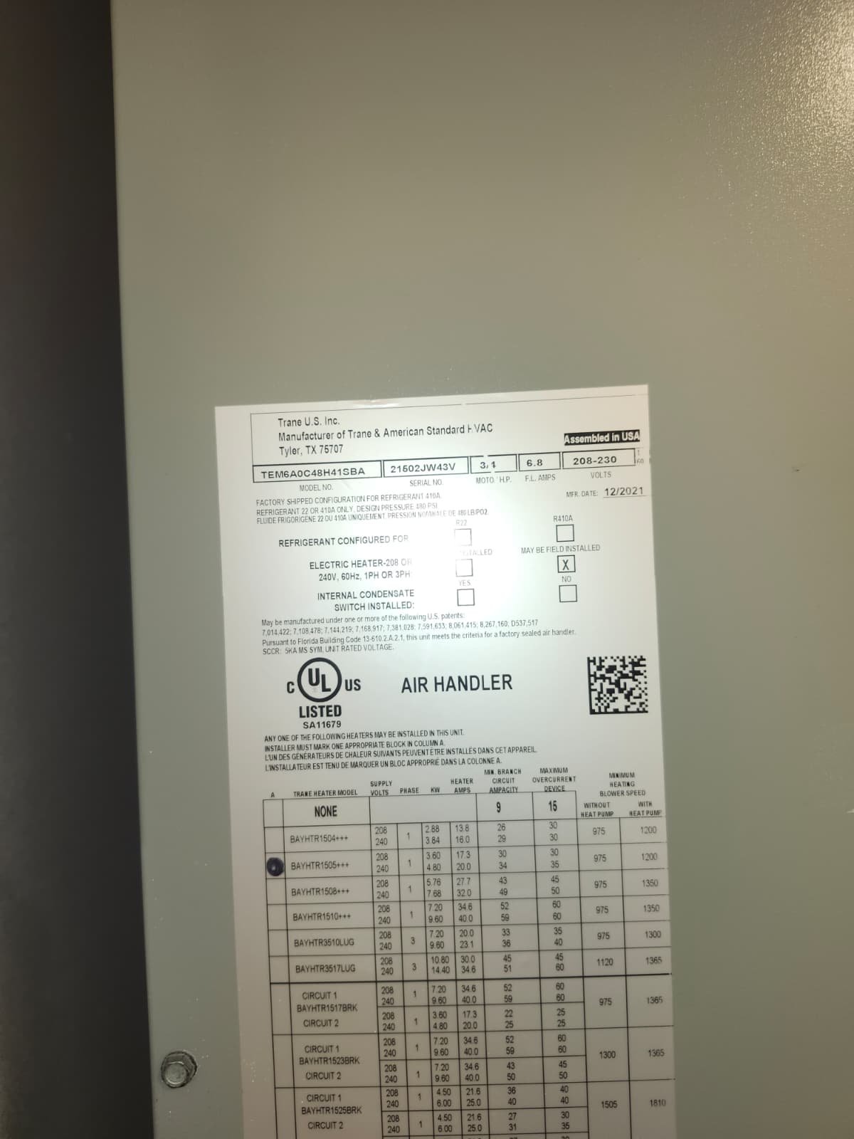 Air Handler Unit Label in Parrish, FL 34219 Close-up of a label on an air handler unit in Parrish, FL 34219.