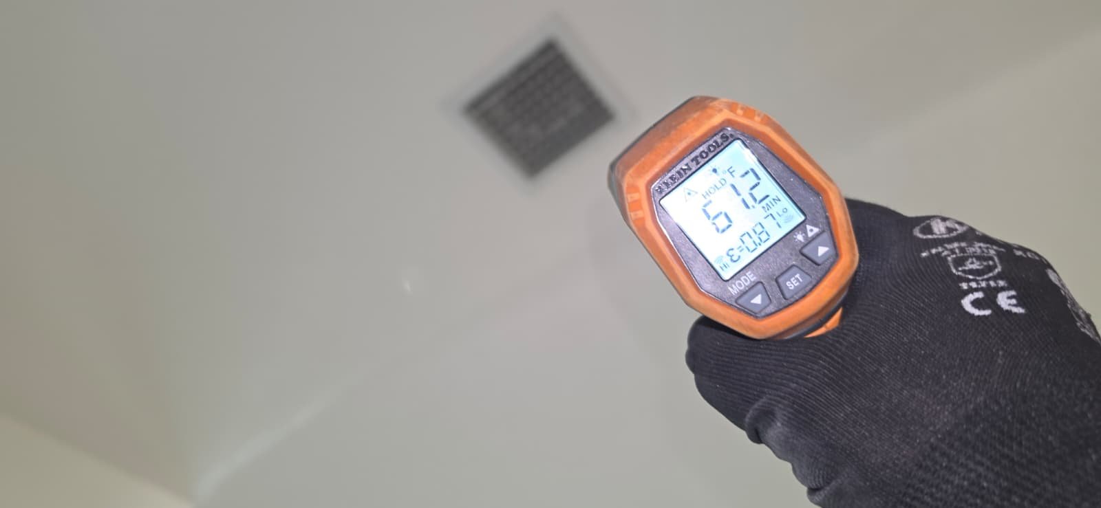 Ceiling Vent Temperature Check - Riverview, FL 33578 Temperature reading at ceiling vent with handheld device in Riverview, FL 33578. System repair Lv. 1 - 3 lbs or less.