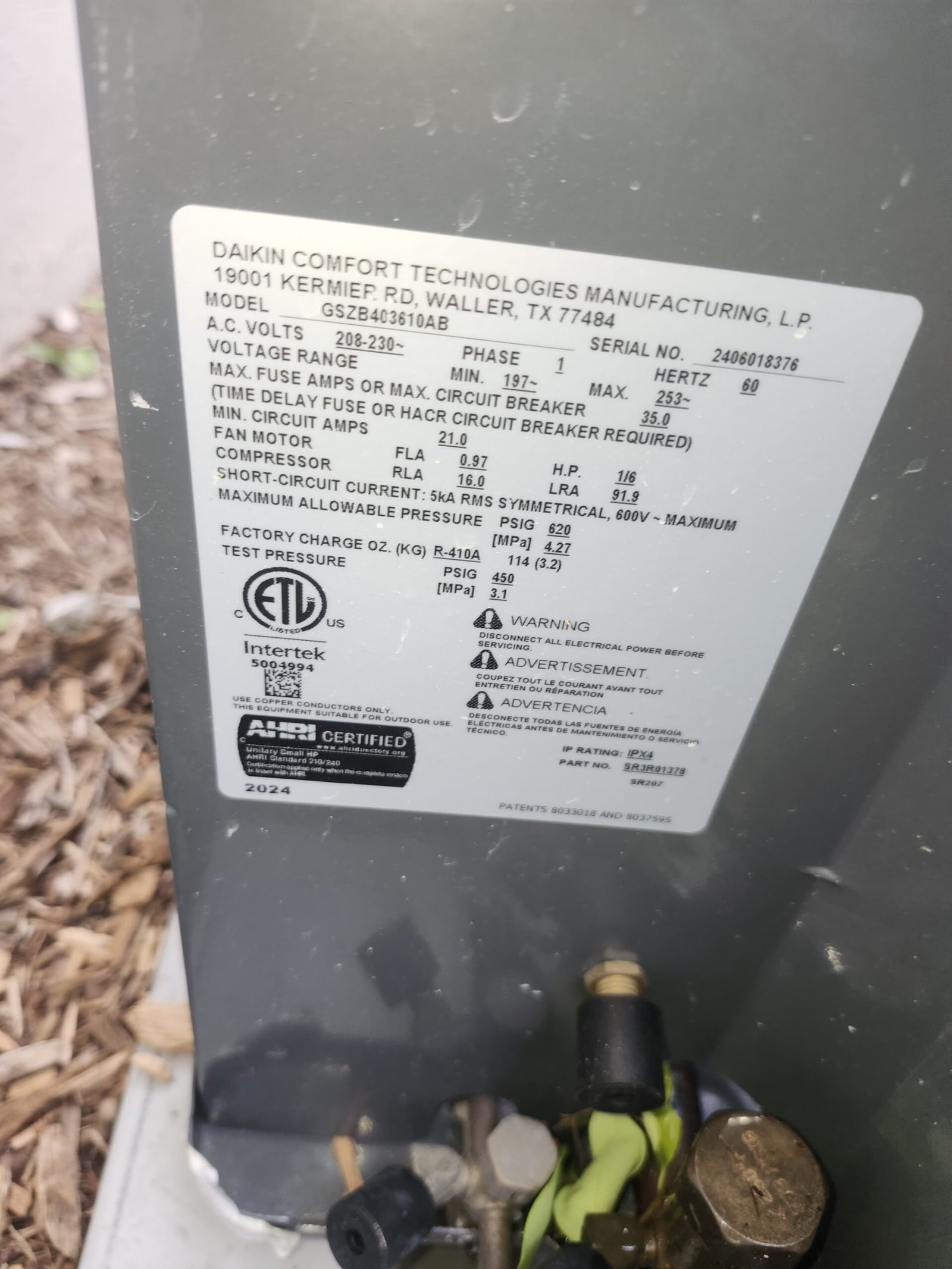 Daikin AC Unit Label - Palm Harbor, FL 34684 Close-up of Daikin AC unit label, Visit #4, Palm Harbor, FL 34684.
