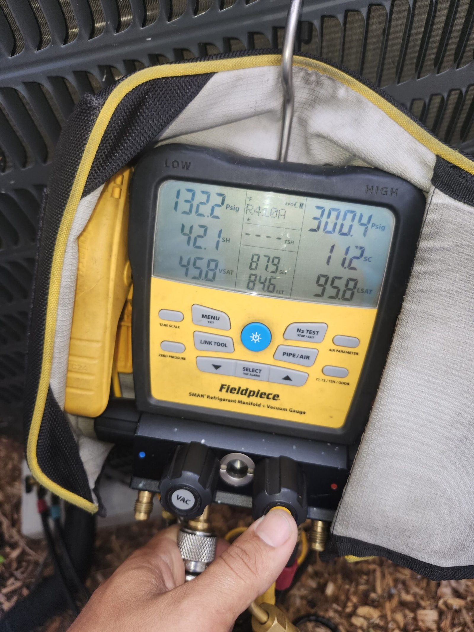 Fieldpiece Vacuum Gauge - Palm Harbor, FL 34684 Fieldpiece vacuum gauge on HVAC unit, Visit #4, Palm Harbor, FL 34684.