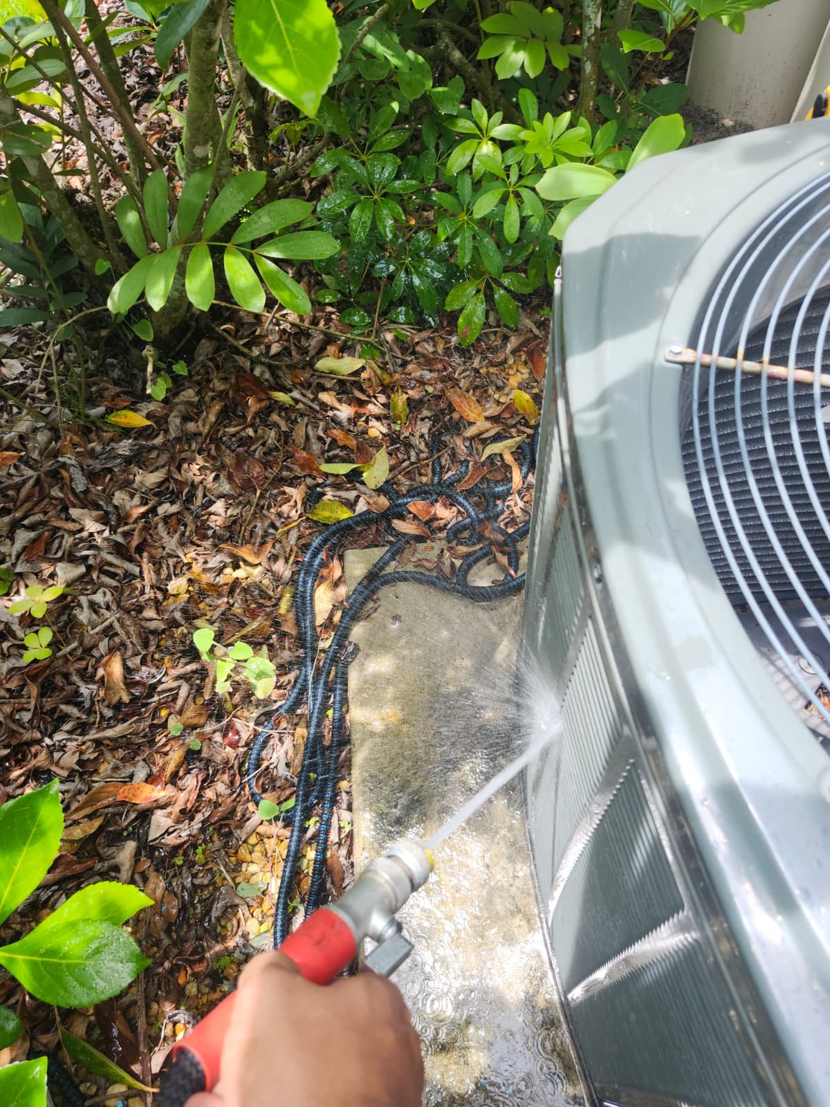 Garden HVAC Rinsing - Lakewood Ranch, FL 34202 Rinsing an HVAC unit with a hose in a garden setting, Lakewood Ranch, FL 34202.