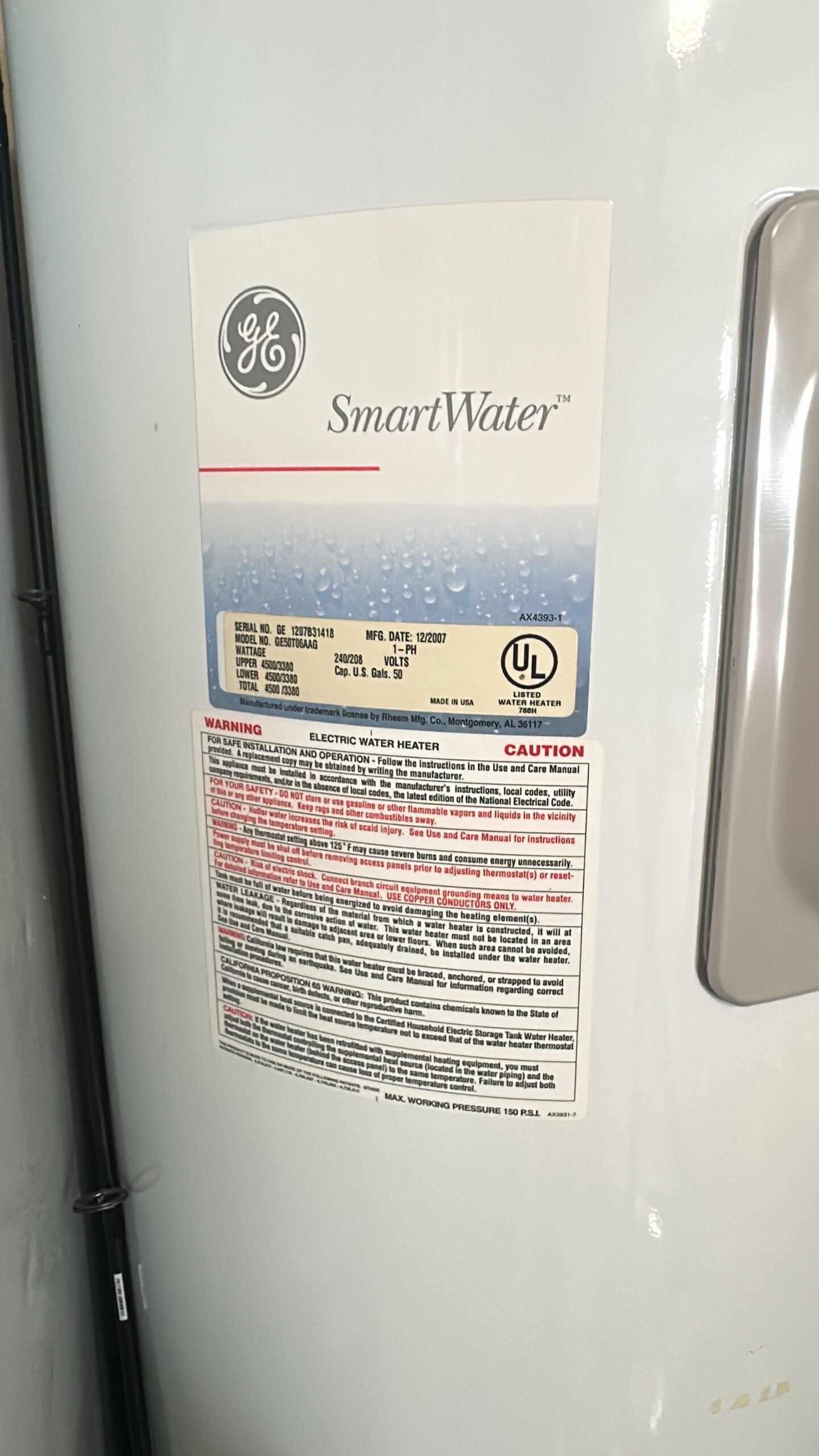 GE SmartWater Label Close-Up - Tampa, FL 33624 Close-up of GE SmartWater label on water heater in Tampa, FL 33624. Brand detail.