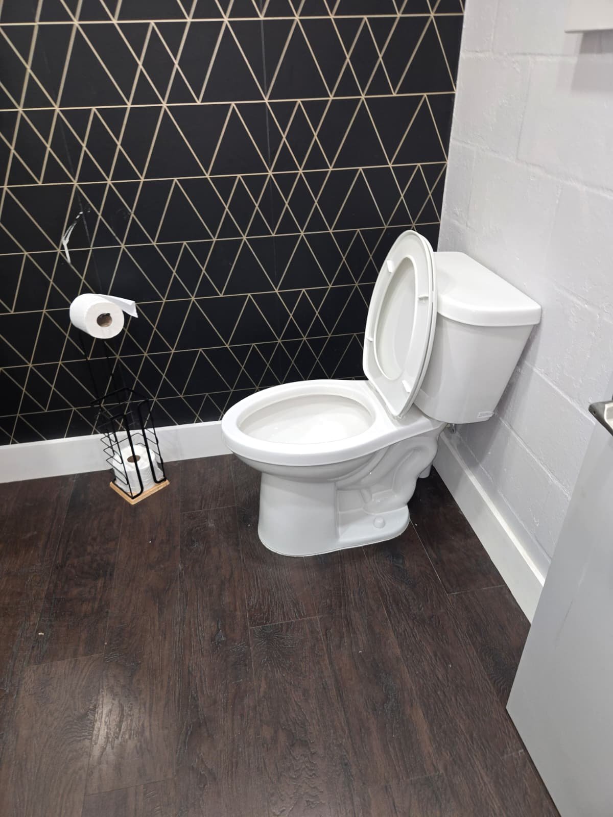 Geometric wall design in a bathroom with plumbing service, Tampa, FL 33605.