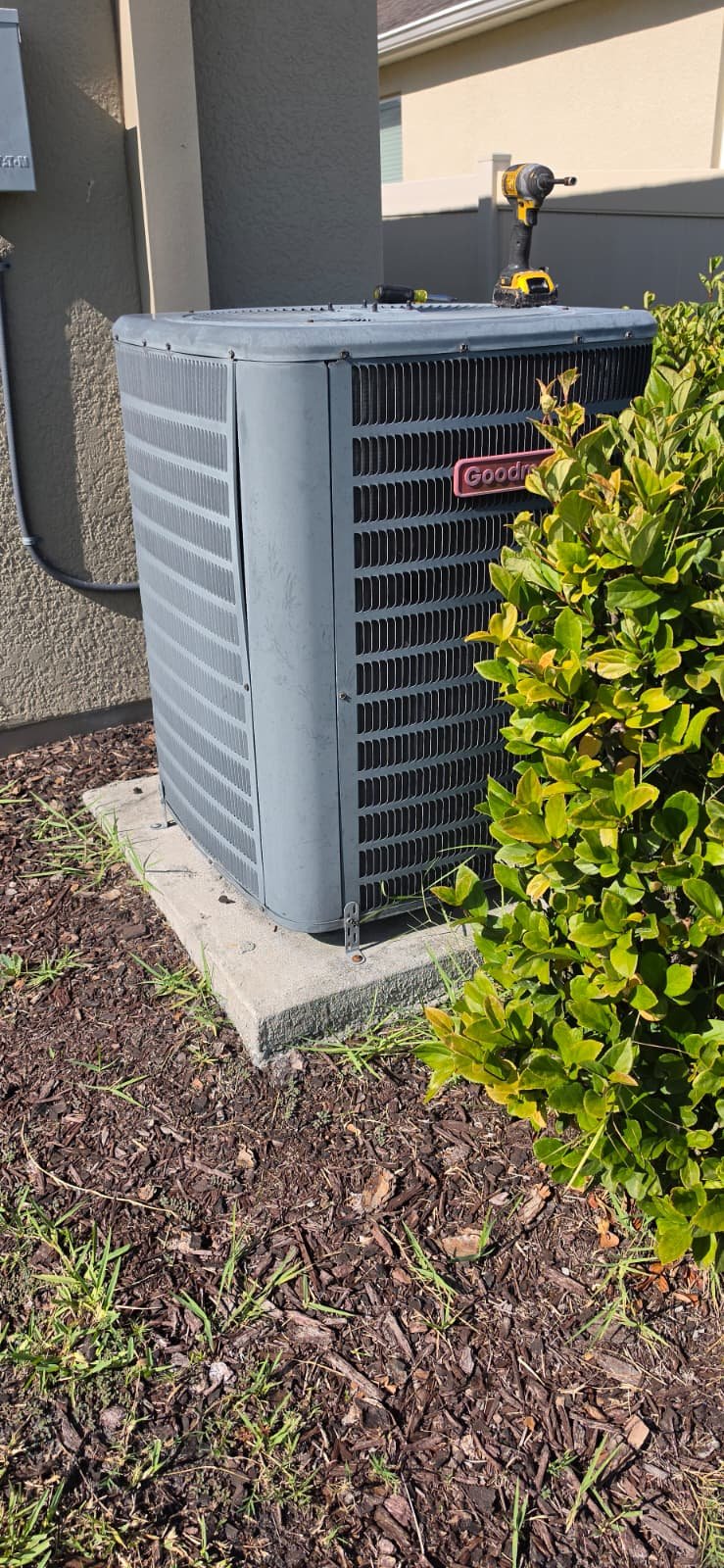 Goodman AC unit on concrete pad in Riverview, FL 33579.
