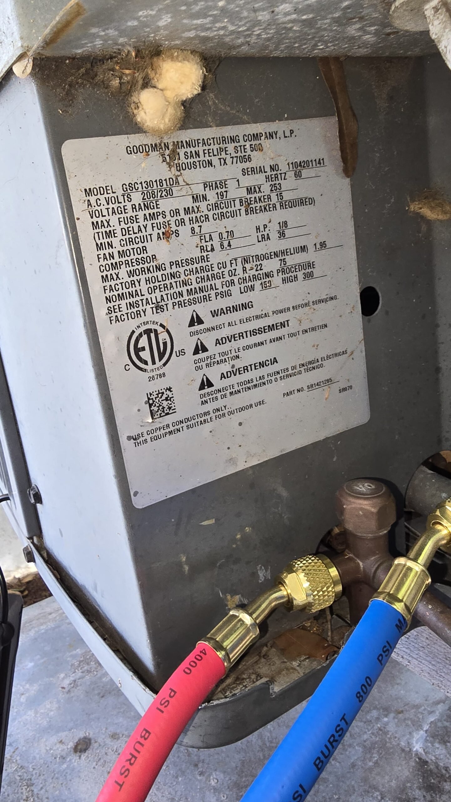 Label on Goodman HVAC unit with specifications in Tampa, FL 33618.