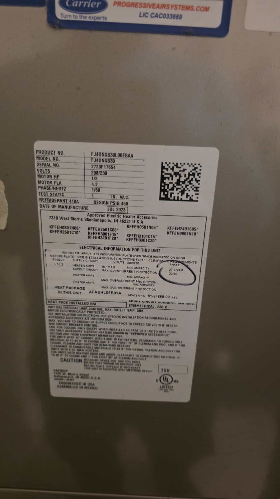 HVAC equipment label with electrical info, Wesley Chapel, FL 33543.