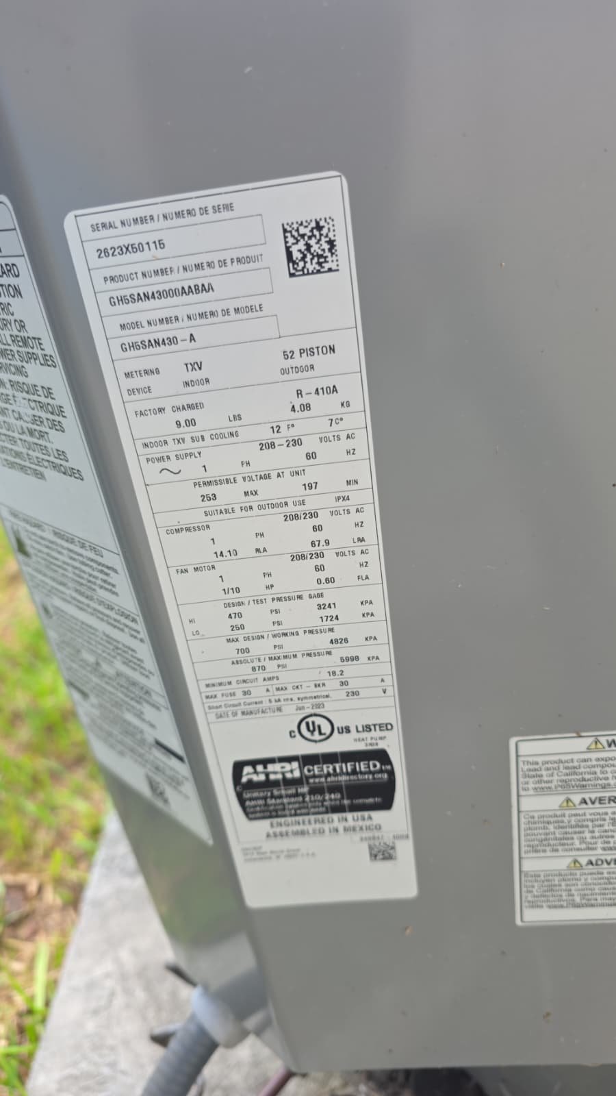 HVAC equipment label with specifications, Wesley Chapel, FL 33543.