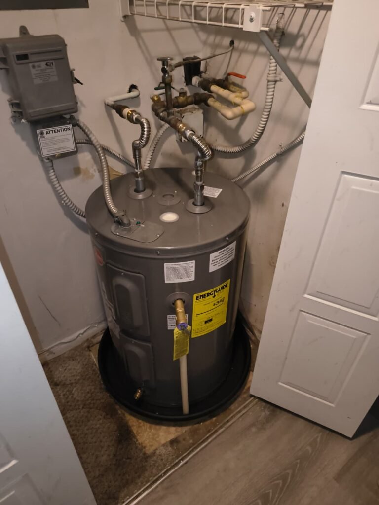 A 28-gallon short water heater we installed in a utility closet in Clearwater, FL 33764.