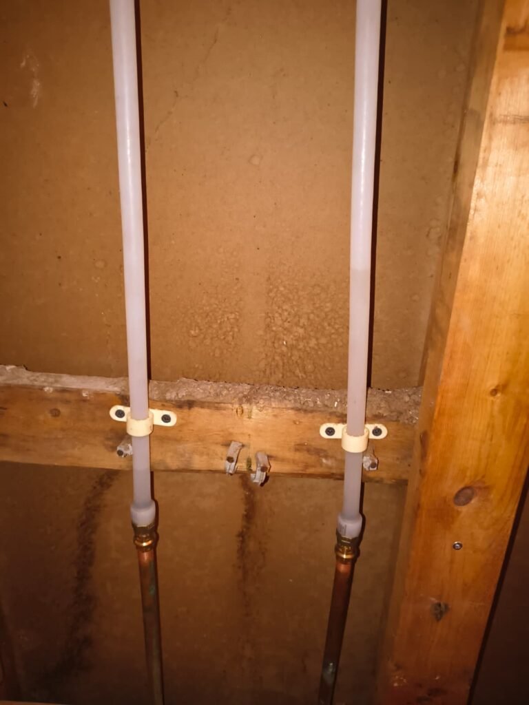 PEX water lines tied into copper stubs inside an open wall in Tampa, FL 33625.
