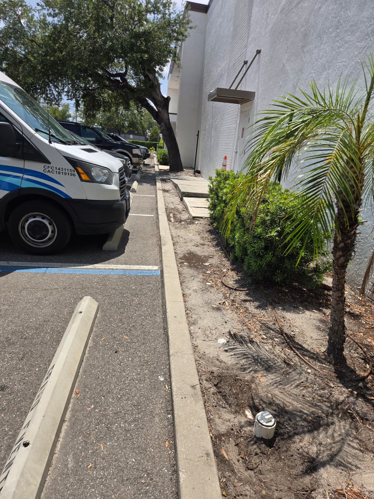 Plumbing van and landscaping in a parking lot, Tampa, FL 33605.