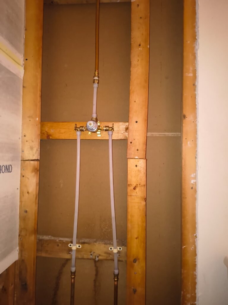 New PEX water lines run to a shower valve inside an open wall in Tampa, FL 33625.