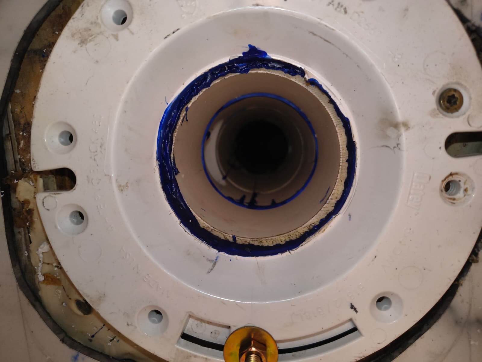 Close-up of toilet flange with sealant applied in Palm Harbor, FL 34684 detail view.