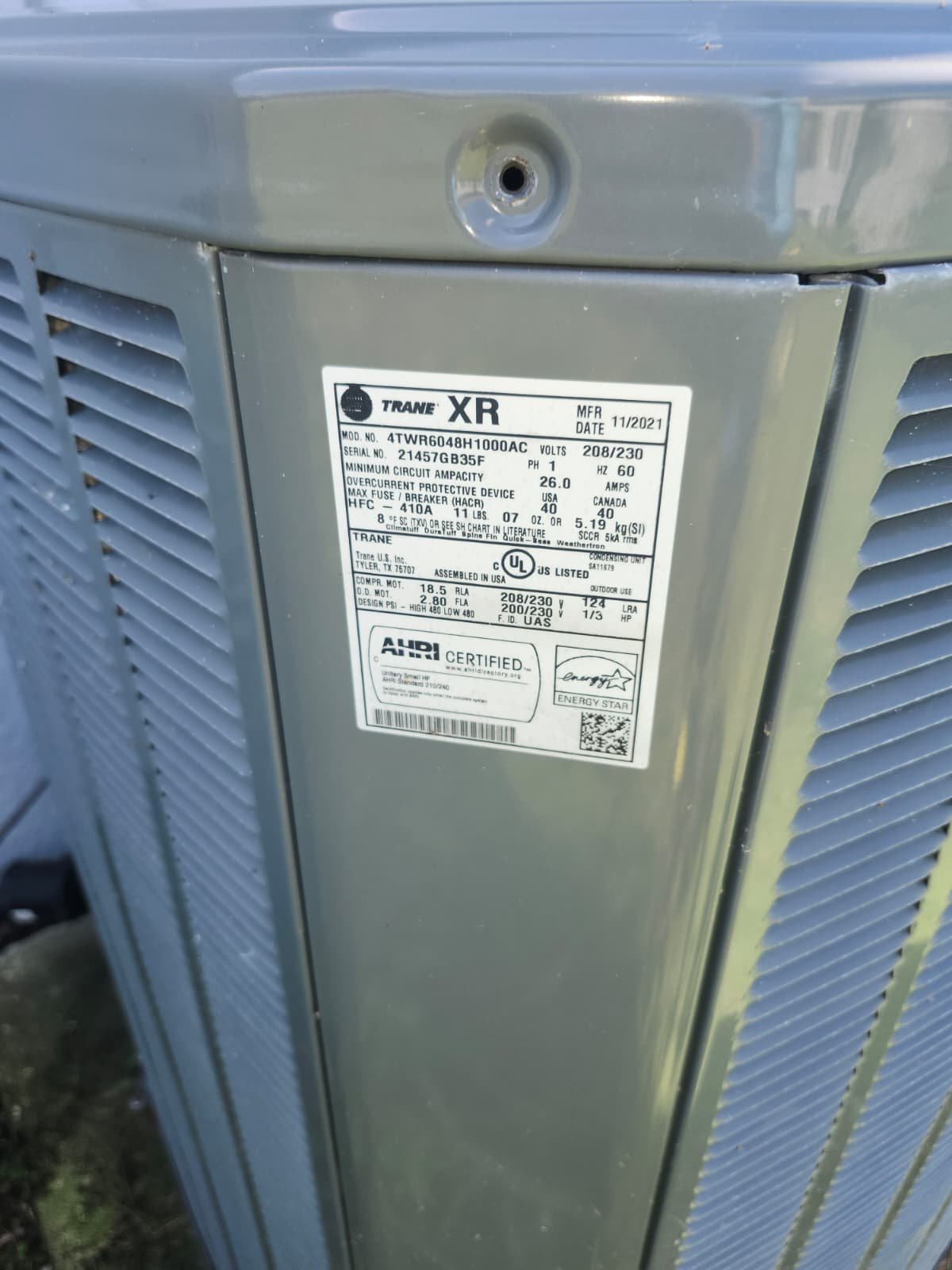 Trane XR Unit Label in Parrish, FL 34219 Label on a Trane XR air conditioning unit in Parrish, FL 34219.