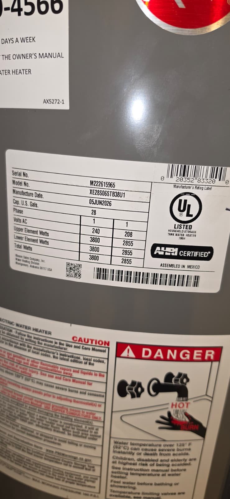 Close-up of water heater label with specs in Brandon, FL 33511.