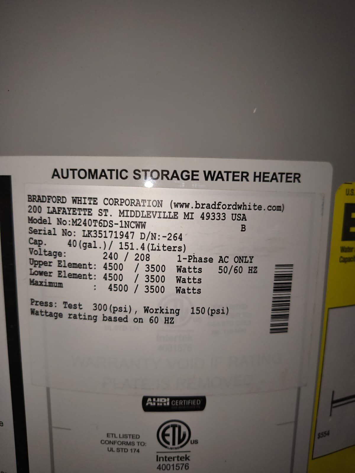 Bradford White water heater label with specs, Riverview, FL 33579.