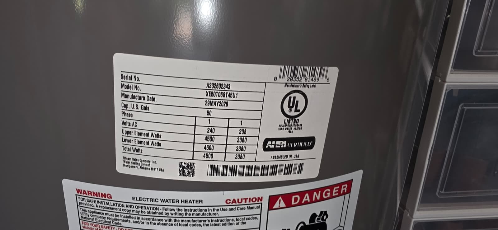 Water Heater Label Specifications - Tampa, FL 33624 Label on new water heater showing specs in Tampa, FL 33624. Important details.
