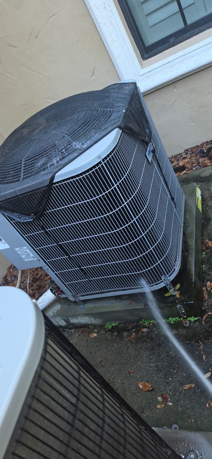 AC unit being cleaned with water spray in Lutz, FL 33559 during Visit #4.