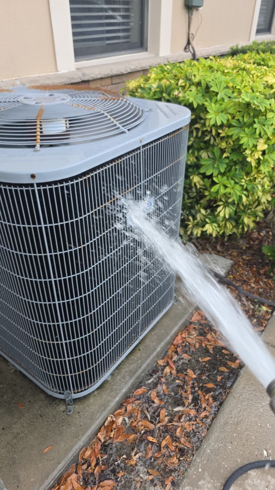 AC Unit Cleaning in New Port Richey, FL 34655 Outdoor AC unit being cleaned with a hose in New Port Richey, FL 34655.