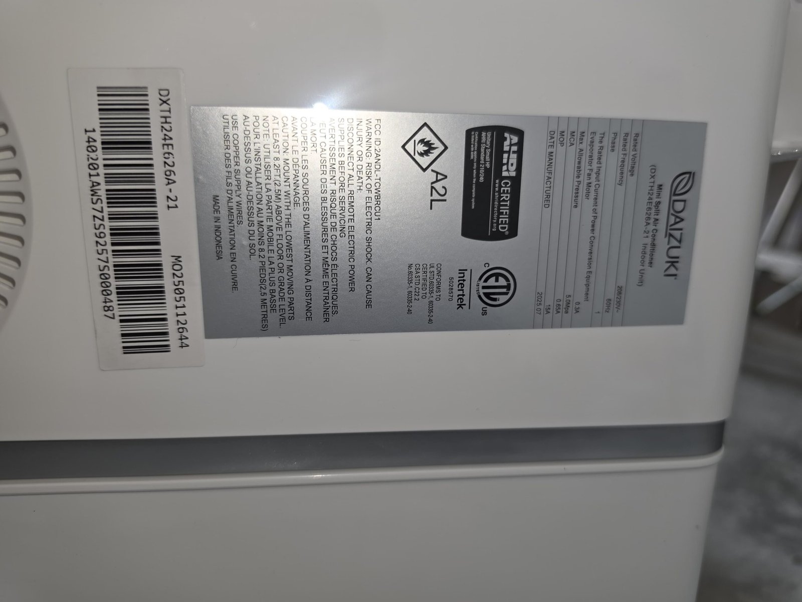 AC Unit Label Close-Up - Riverview, FL 33579 Close-up of AC unit label with specs in Riverview, FL 33579.