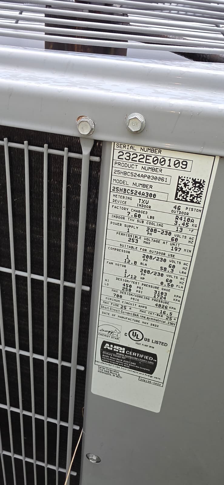 AC Unit Serial Number - Spring Hill, FL 34609 Close-up of AC unit's serial number in Spring Hill, FL 34609. Important for equipment identification.