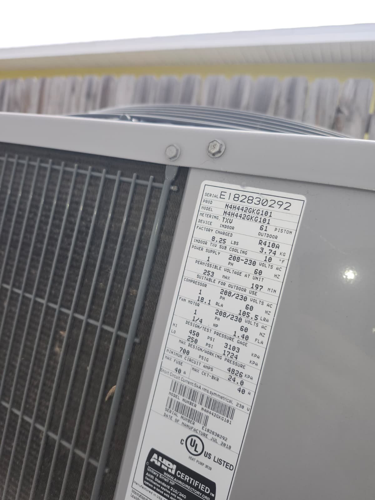 AC Unit Specifications - St. Petersburg, FL 33712 AC unit label with specifications, St. Petersburg, FL 33712.