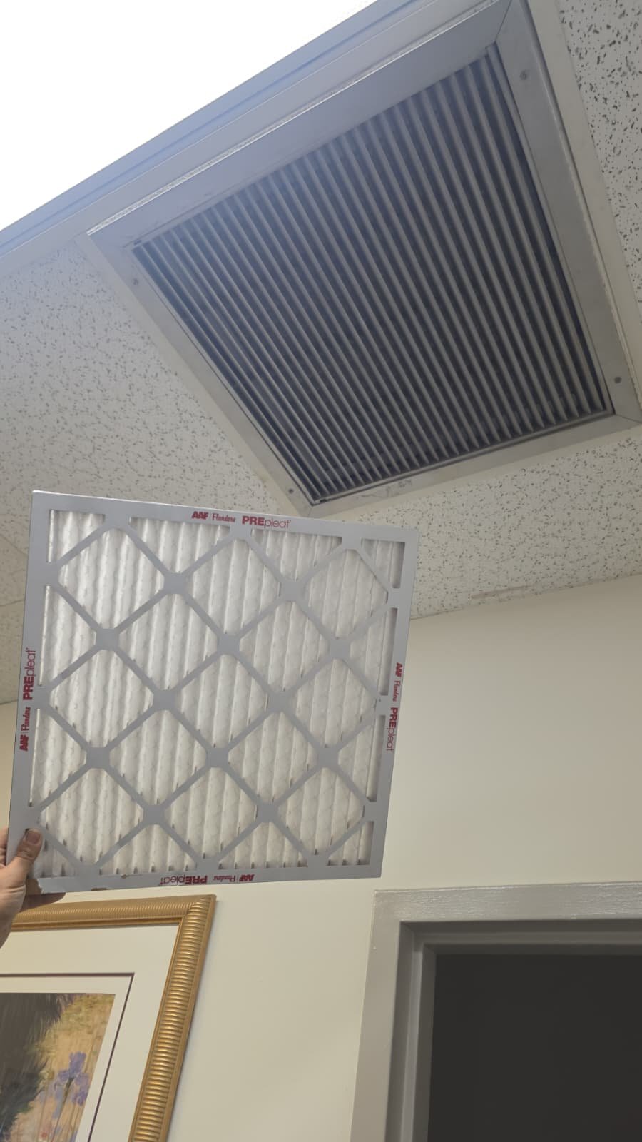 Person holding air filter next to ceiling vent in Tampa, FL 33634.