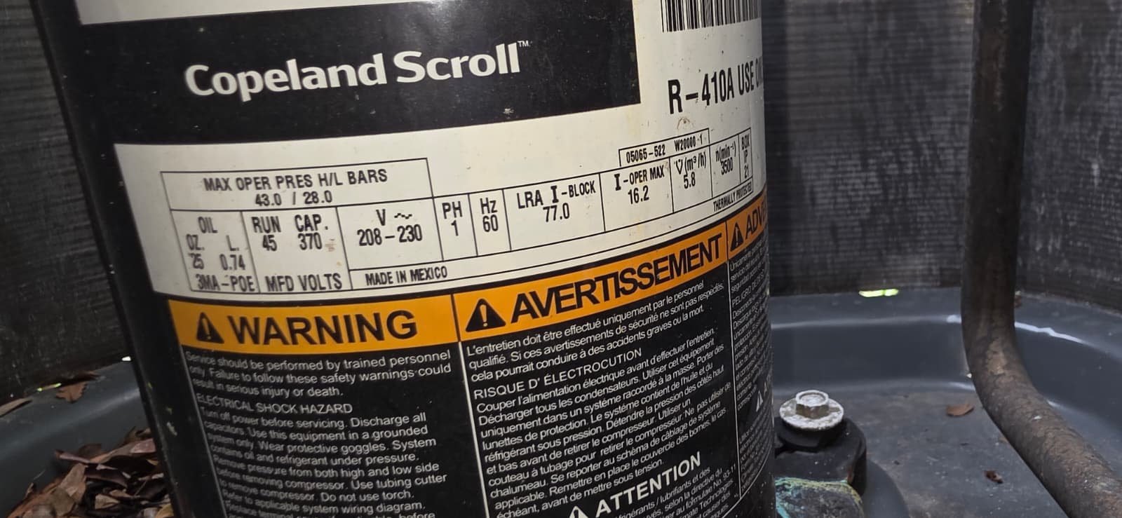 Copeland Scroll Compressor Label - Tampa, FL 33612 Copeland Scroll compressor label close-up for system repair in Tampa, FL 33612.