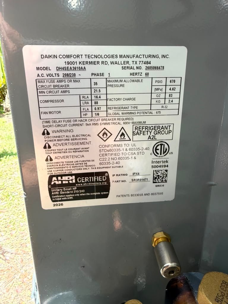 Daikin AC Unit Label in Gulfport, FL 33707 Label on Daikin AC unit showing specifications in Gulfport, FL 33707.