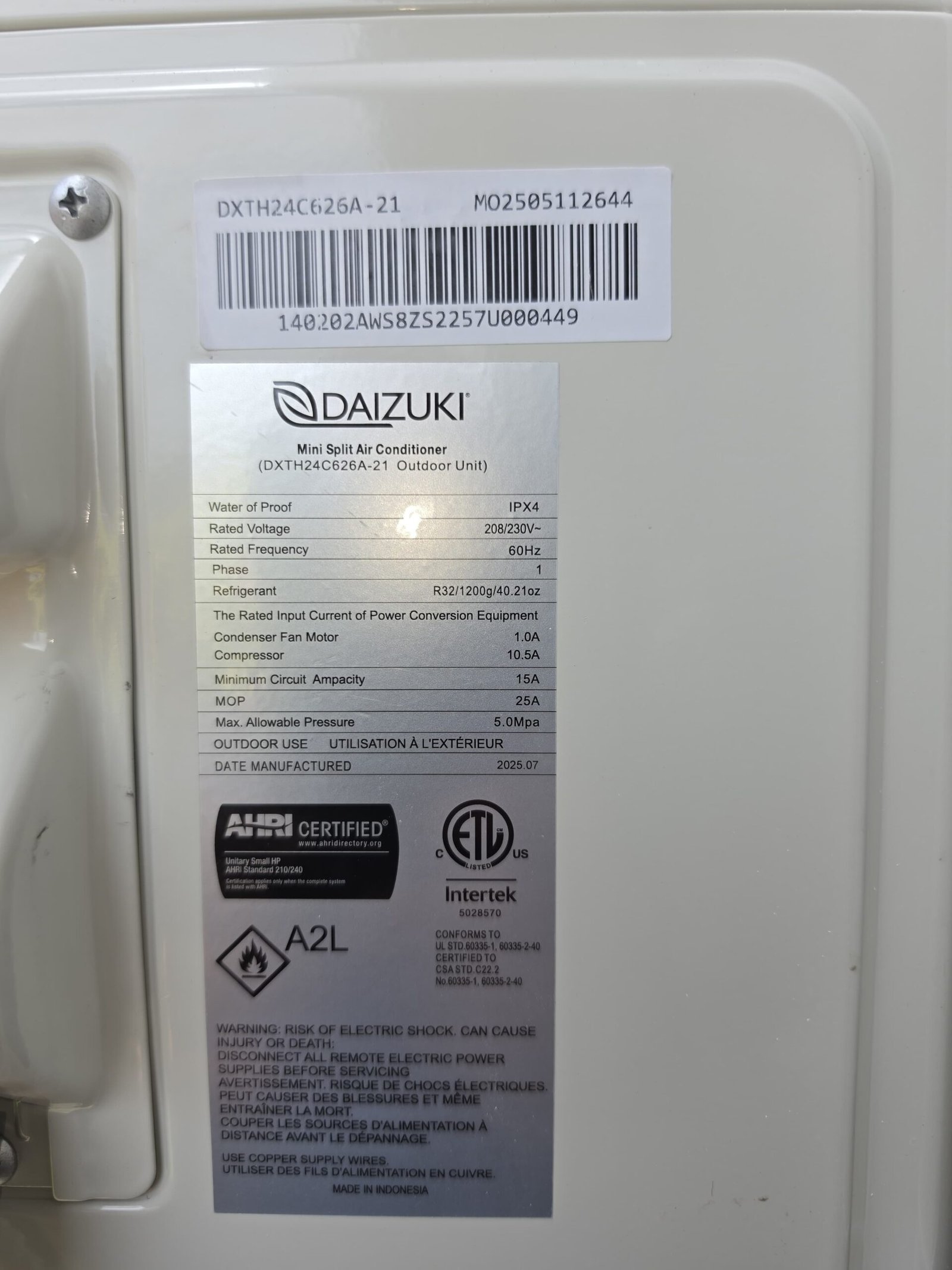 Daizuki AC Label Details - Riverview, FL 33579 Daizuki AC unit label with specifications in Riverview, FL 33579.