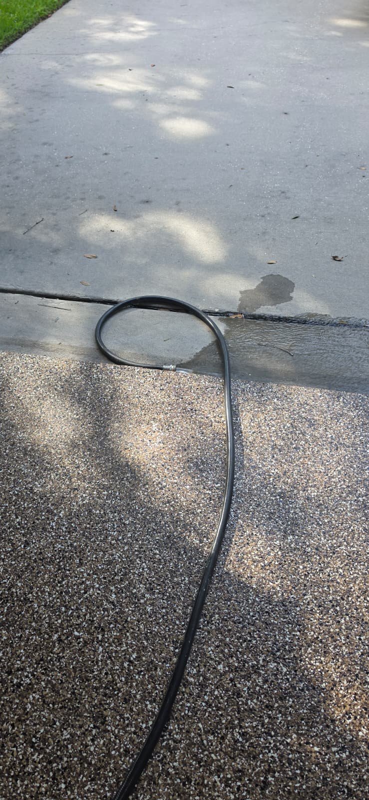 Hose on driveway with water puddle, Lutz, FL 33559. From Visit #5. Plumbing #2.