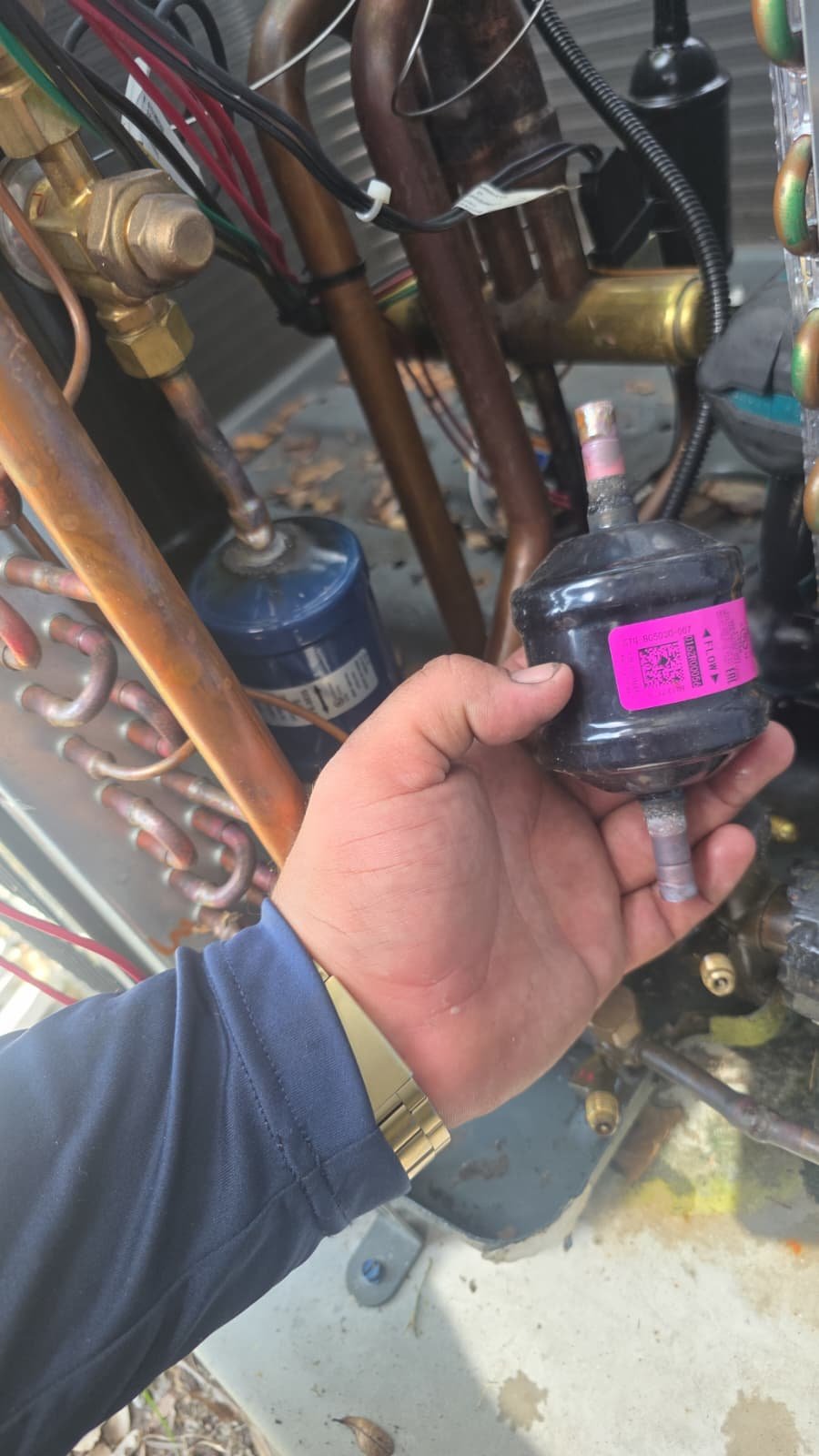 Technician holding a dryer filter during installation in Riverview, FL 33579. In-progress service.
