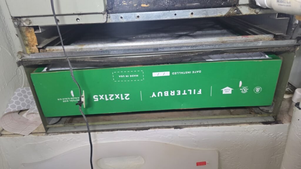 A 5-inch media filter in an air handler’s filter cabinet in Tampa, FL 33609.