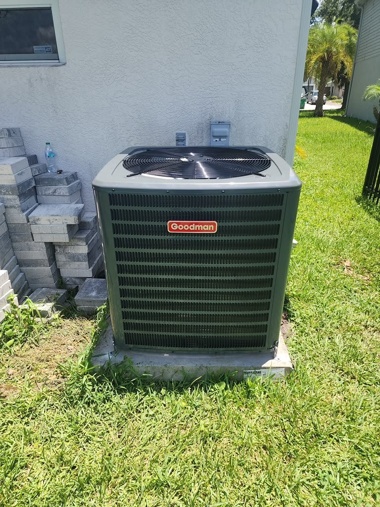Goodman AC unit on concrete pad beside house in Wesley Chapel, FL 33545. High-efficiency cooling.