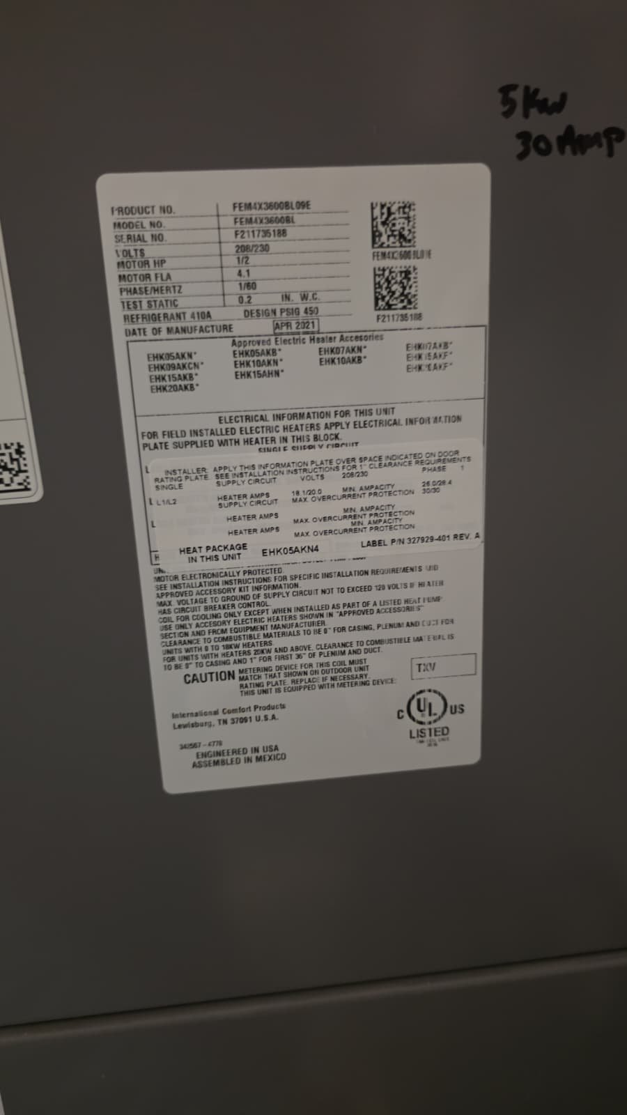 Heating Unit Label Details - Tarpon Springs, FL 34688 Close-up of a heating unit's label with technical details in Tarpon Springs, FL 34688. Comprehensive equipment data.