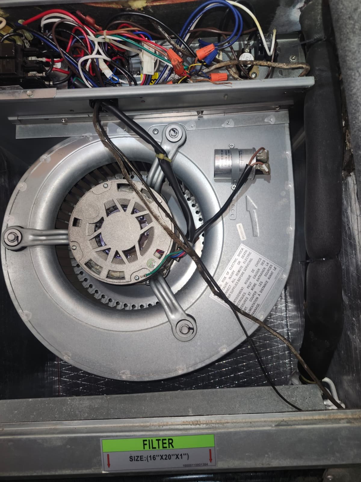Interior view of HVAC blower motor and wiring in Tampa, FL 33618.