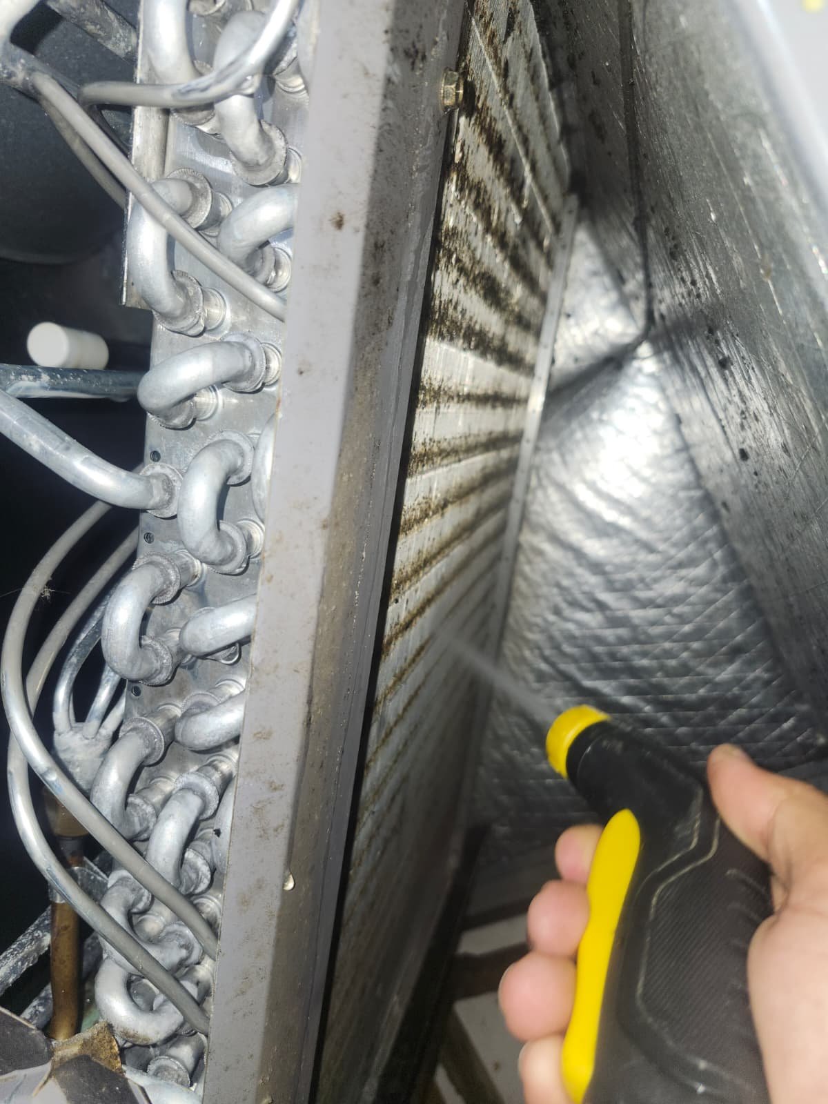 Cleaning HVAC coils with a spray nozzle during Visit #3 in Tampa, FL 33619.