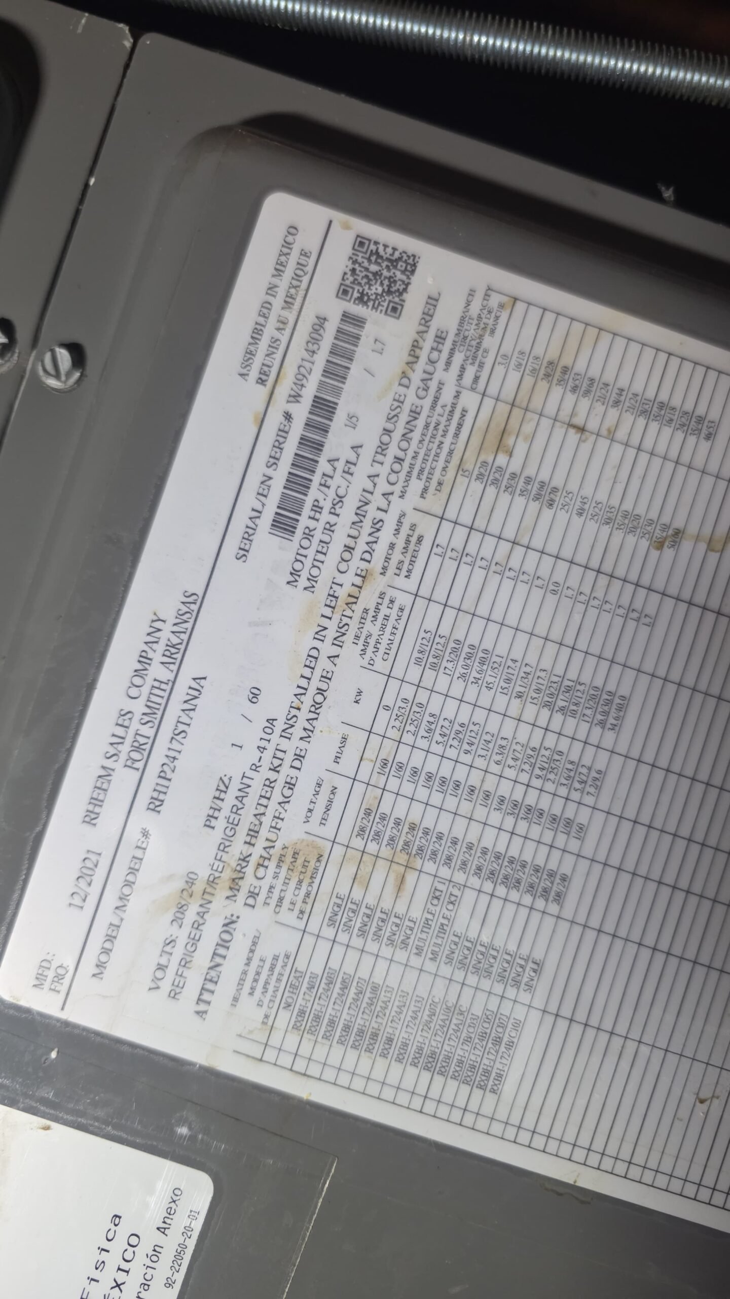 Close-up of HVAC component label in Largo, FL 33774.