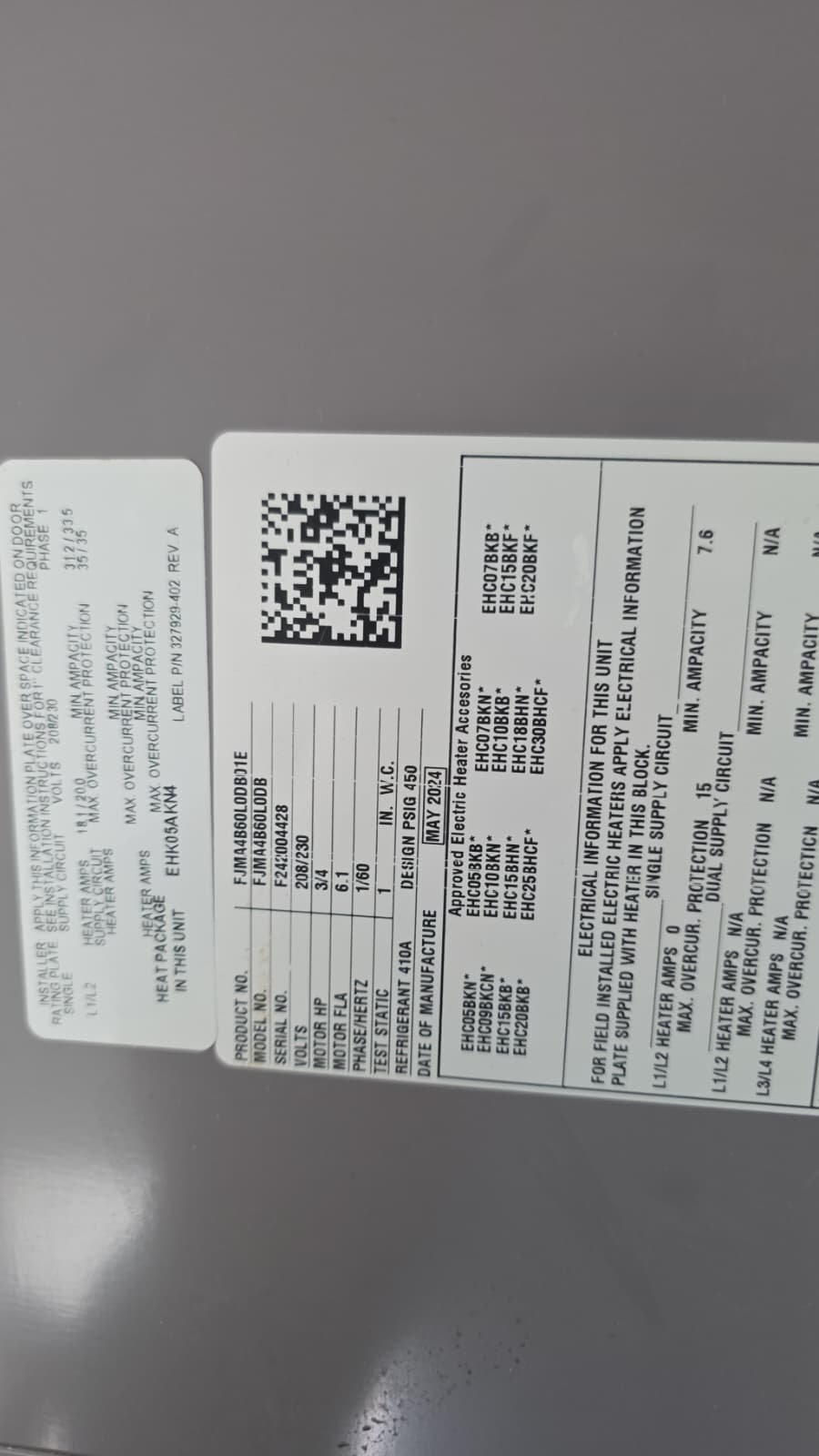 Close-up of HVAC equipment label showing specifications in Clearwater, FL 33756.