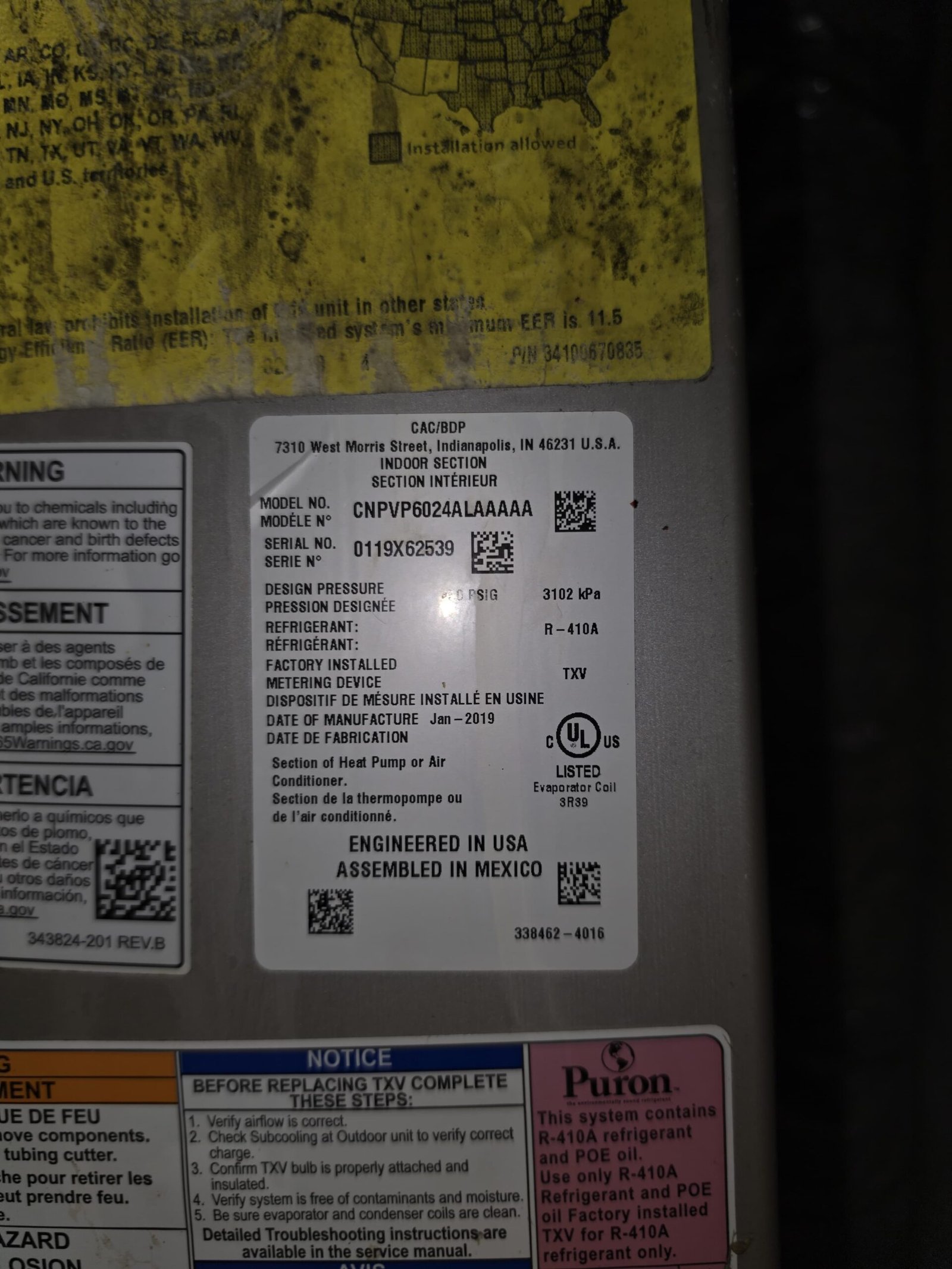 HVAC Label Details - Tampa, FL 33625 Close-up of a label with technical details on an HVAC unit in Tampa, FL 33625. Essential information.