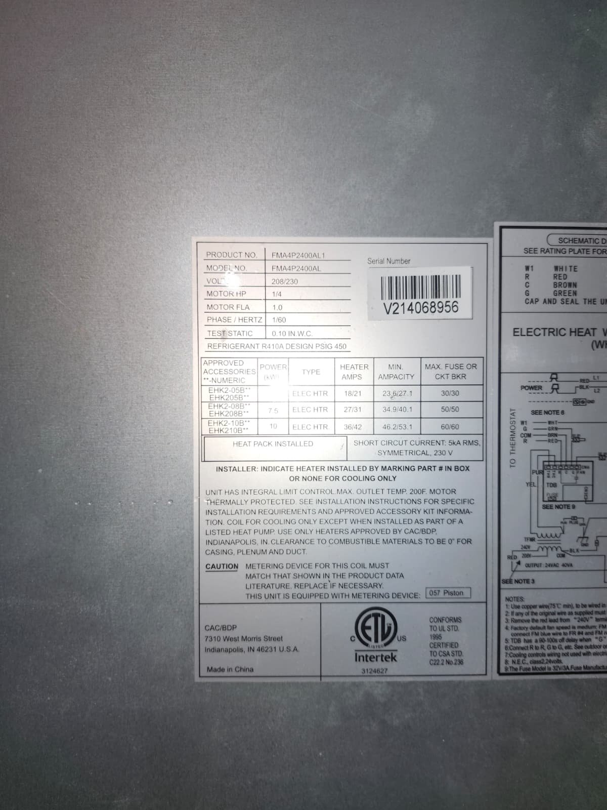 HVAC unit label with flash glare in Tampa, FL 33618.